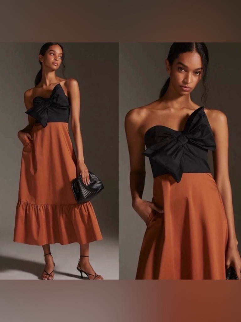 Anthropologie Hutch Bow Maxi Dress Black Brown Xl Size 14 Romantic Statement